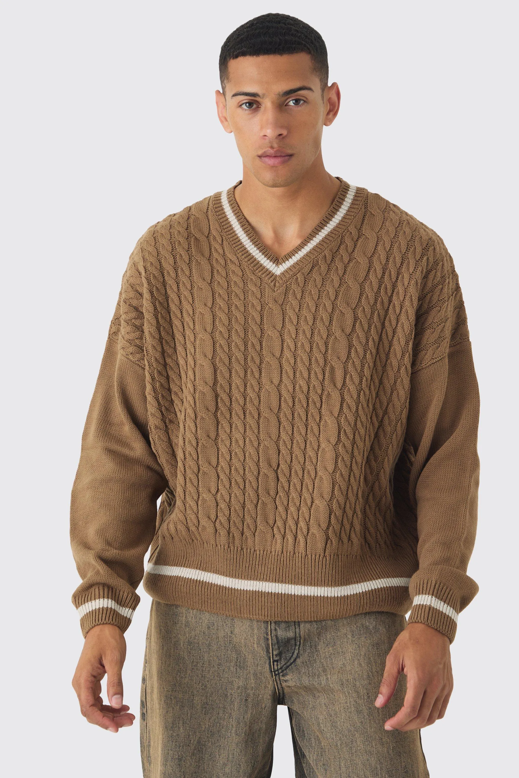 Oversized Boxy Cable Knit V Neck Sweater