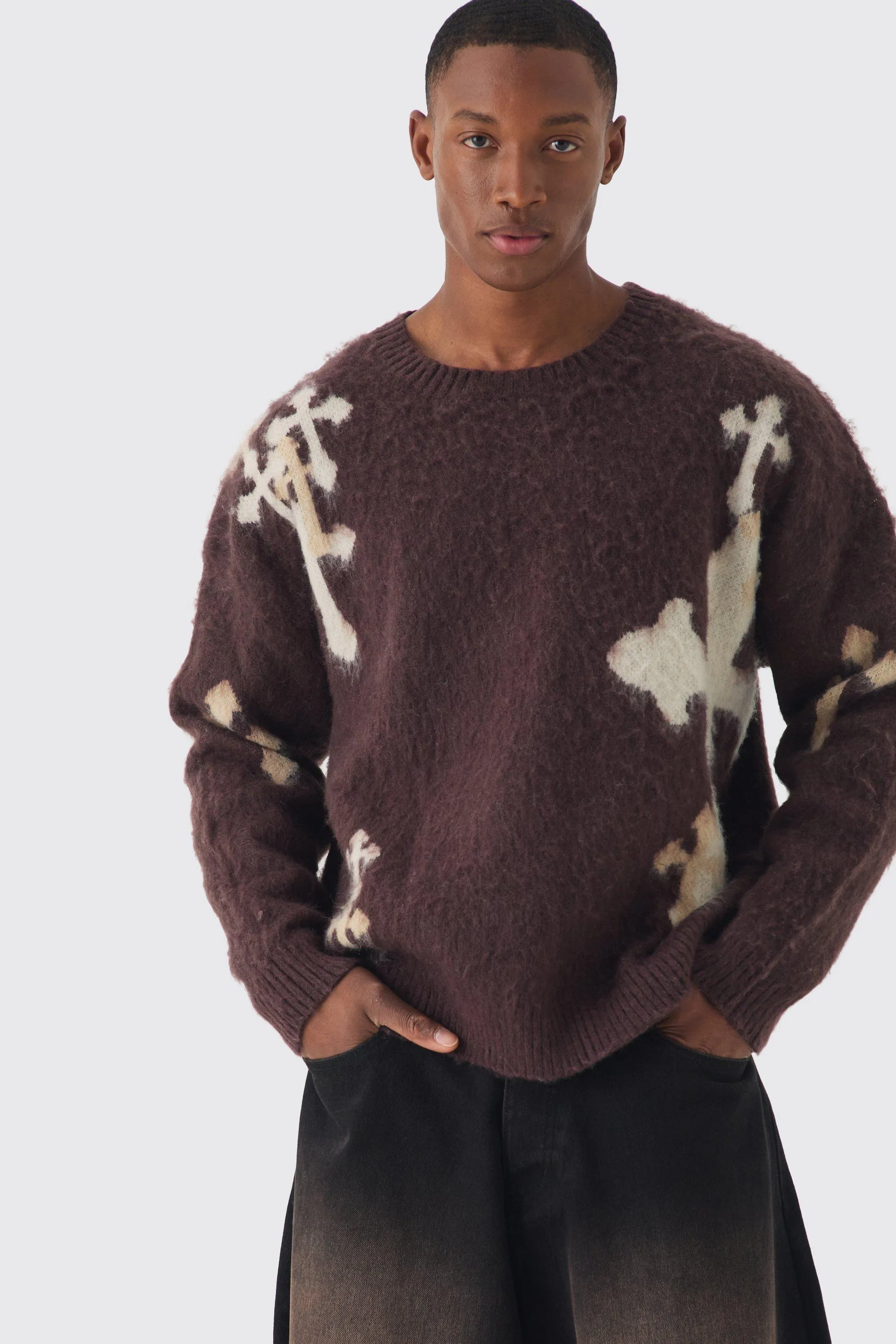 Oversized Boxy Cross Brushed Knitted Sweater