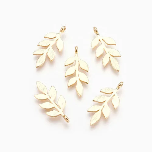 Pendants, Branch, 6-Leaf, 18K Gold Plated, Brass, 25mm