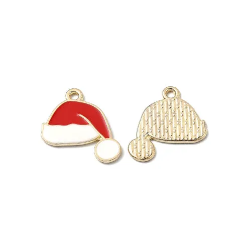 Pendants, Christmas Hat, Single-Sided, White, Red, Enameled, Light Gold Alloy, 21mm