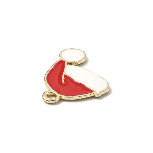 Pendants, Christmas Hat, Single-Sided, White, Red, Enameled, Light Gold Alloy, 21mm