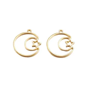 Pendants, Open Back, Bezel, Half Moon And Star, Golden, Alloy, 25mm