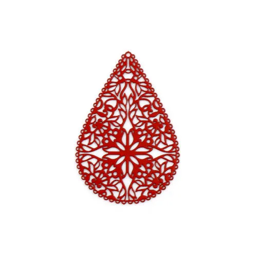 Pendants, Teardrop, Laser-Cut, Filigree, Red, Enameled, Iron, 40mm