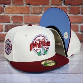 Philadelphia Phillies Cooperstown City Hall Logo Veterans Stadium Side Patch Powder Blue UV 59Fifty Fitted Cap | Chrome/Maroon C