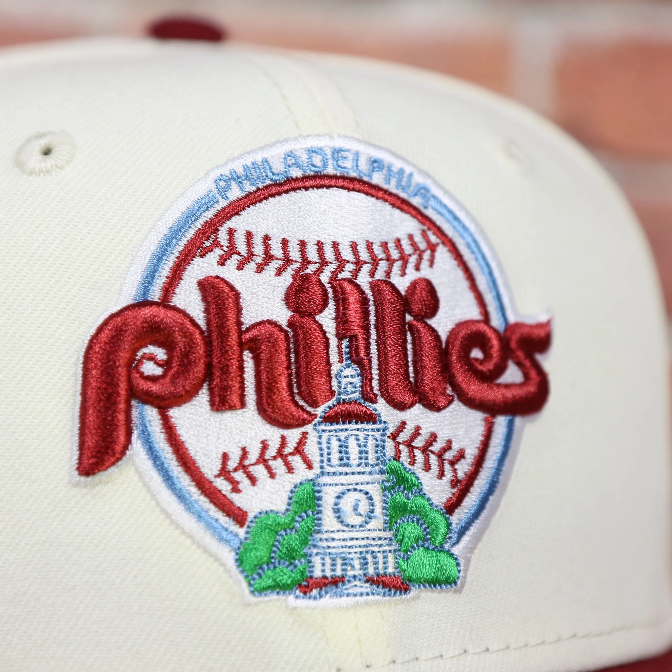 Philadelphia Phillies Cooperstown City Hall Logo Veterans Stadium Side Patch Powder Blue UV 59Fifty Fitted Cap | Chrome/Maroon C