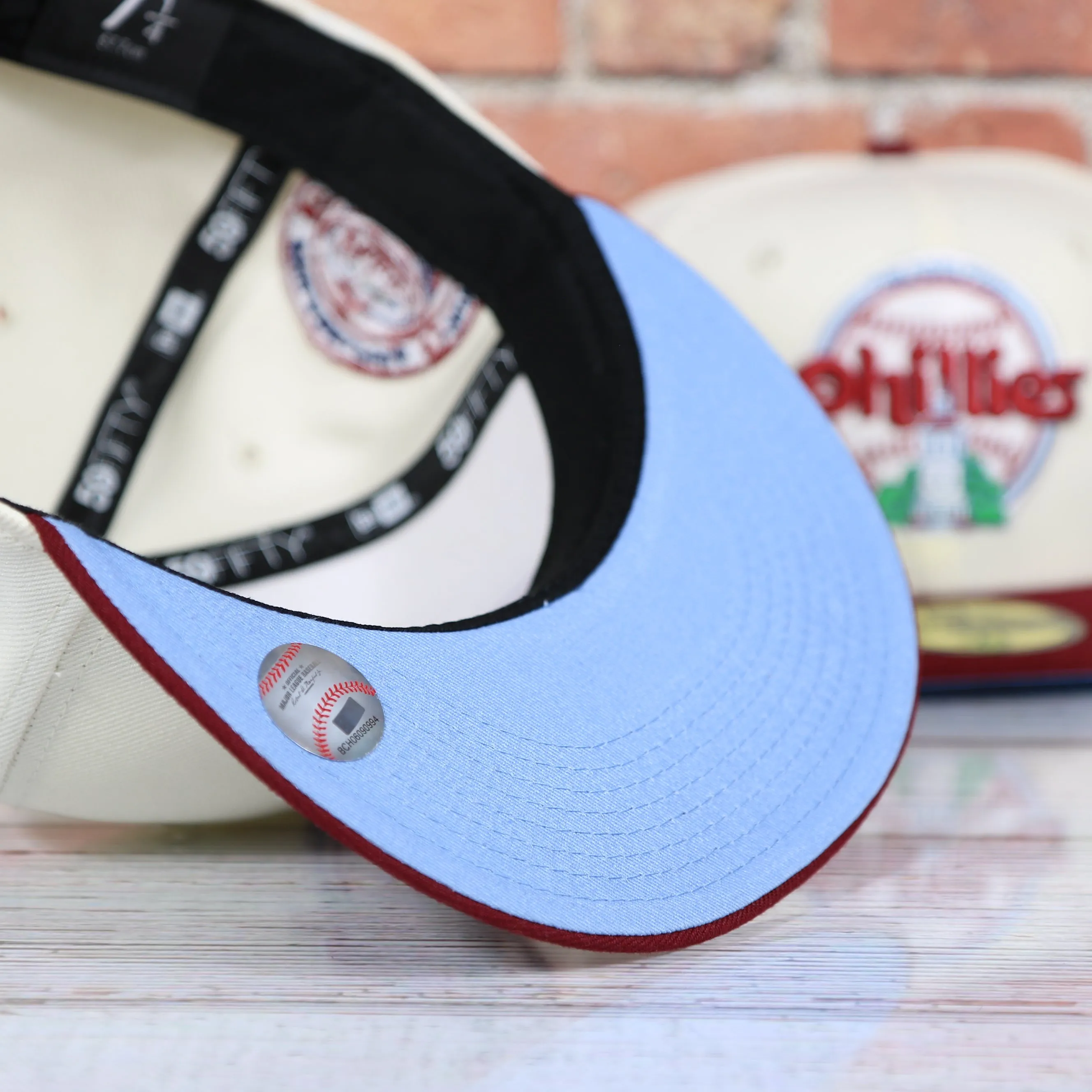 Philadelphia Phillies Cooperstown City Hall Logo Veterans Stadium Side Patch Powder Blue UV 59Fifty Fitted Cap | Chrome/Maroon C