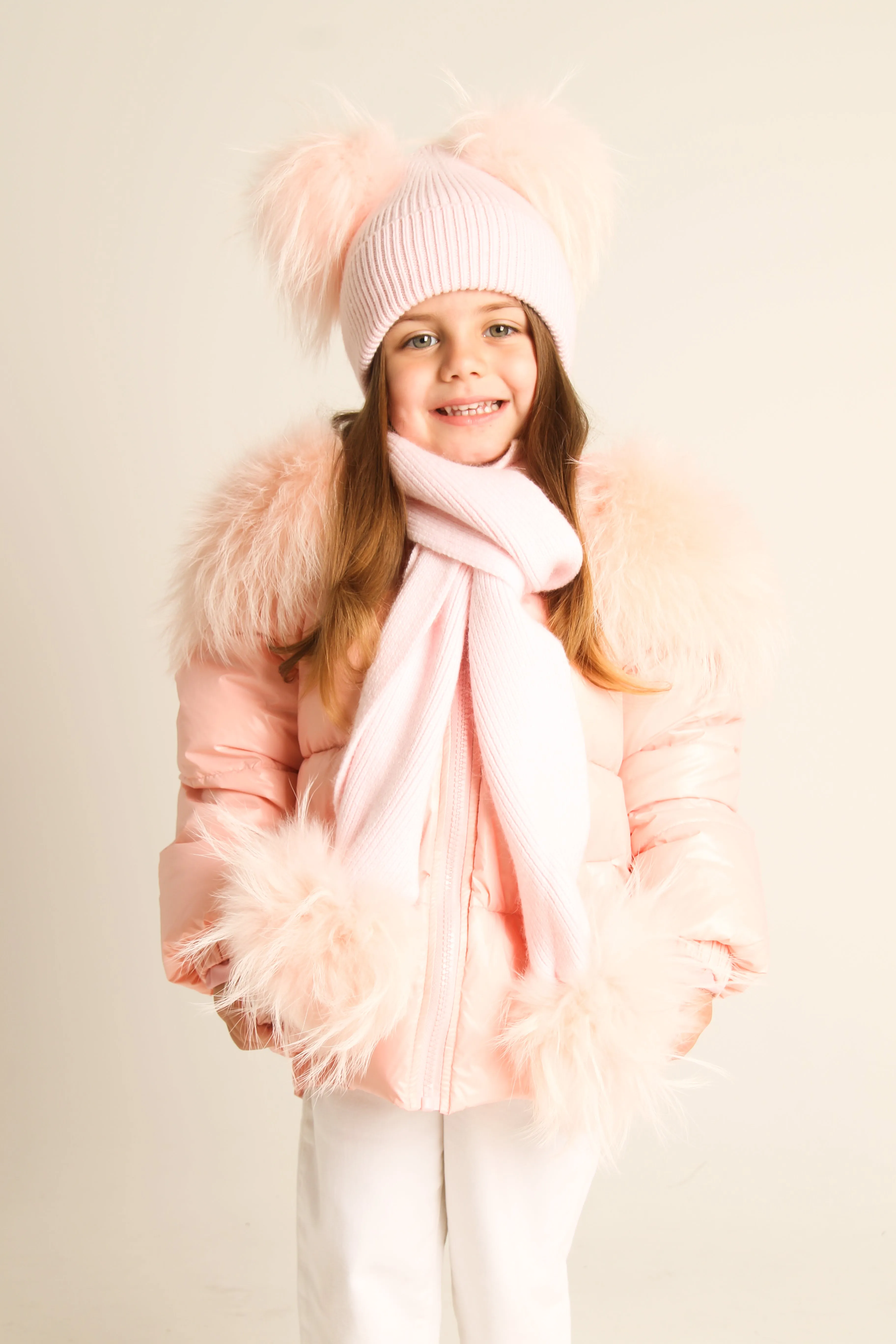 Pink Down Coat with Raccoon Fur Trim