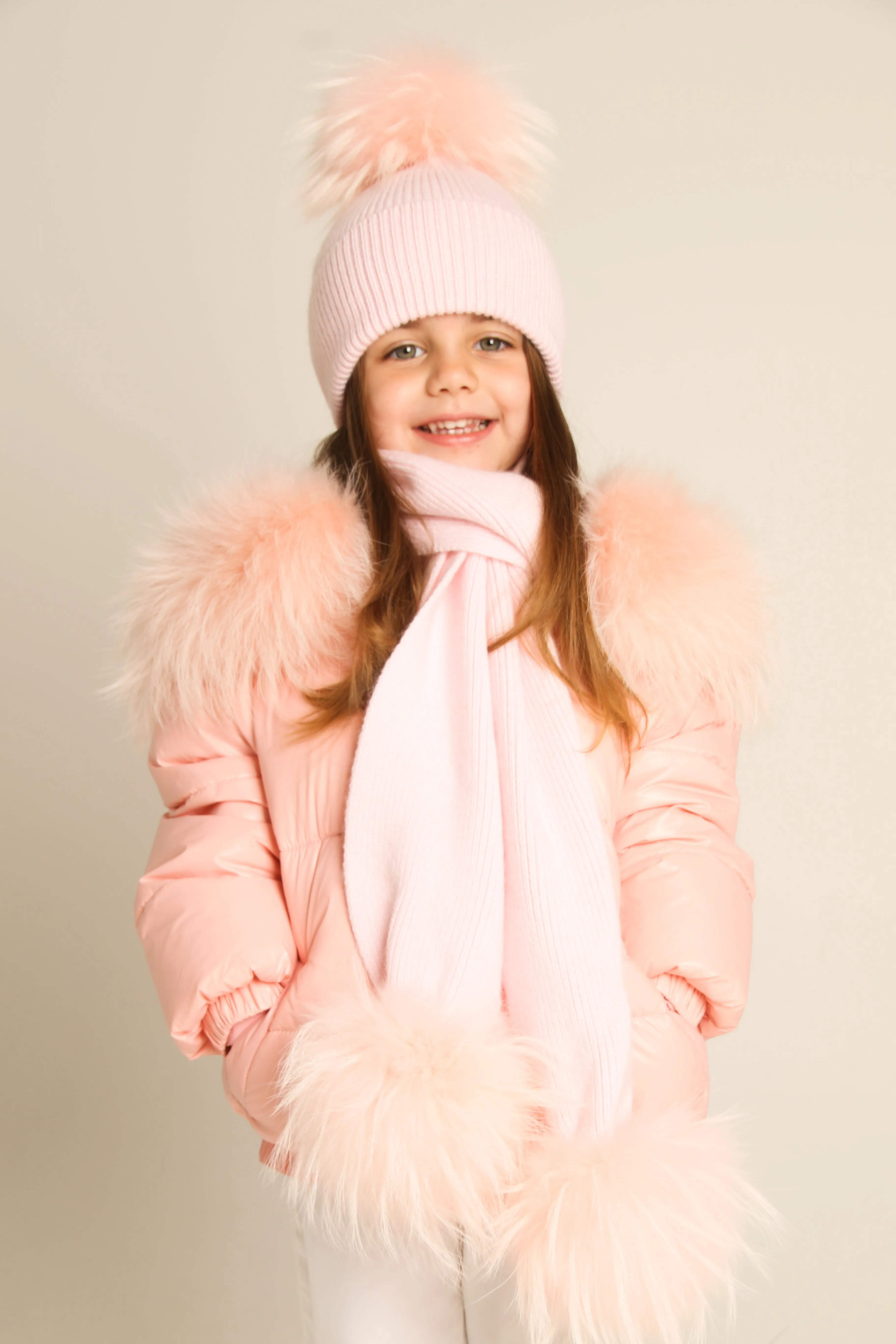 Pink Down Coat with Raccoon Fur Trim