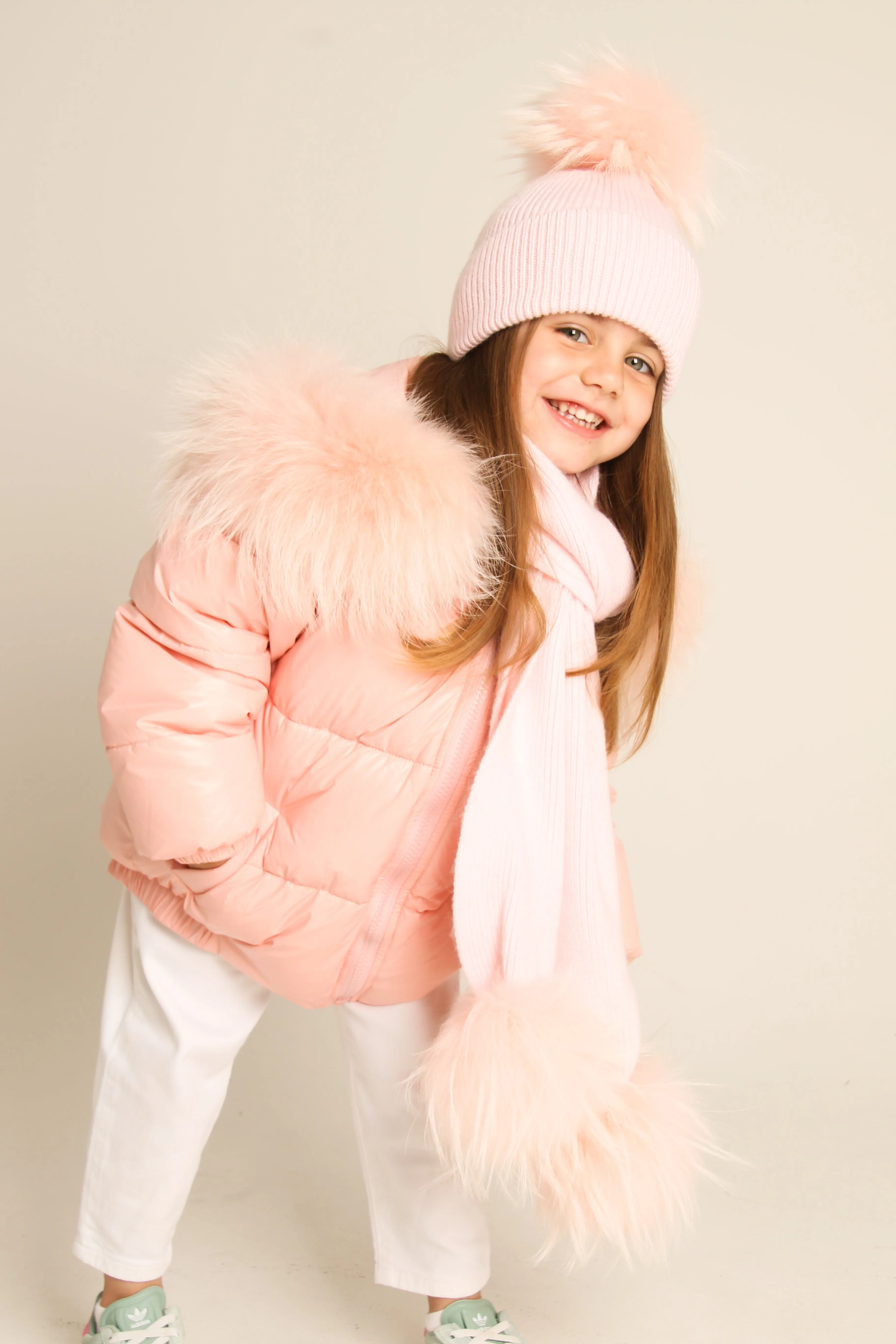 Pink Down Coat with Raccoon Fur Trim