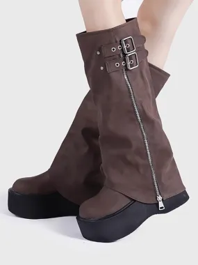 Polyester Coffee Brown Pointed Toe Flat Mid Calf Boots For Women Boots