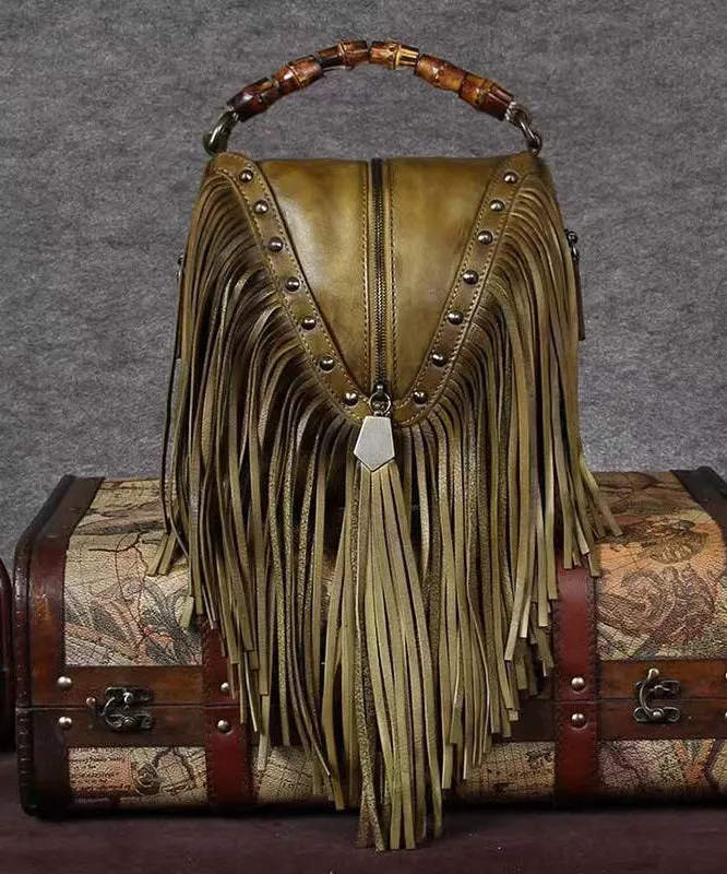 Retro Coffee Cowhide Tassel Rivet Shoulder Bag ZX1022