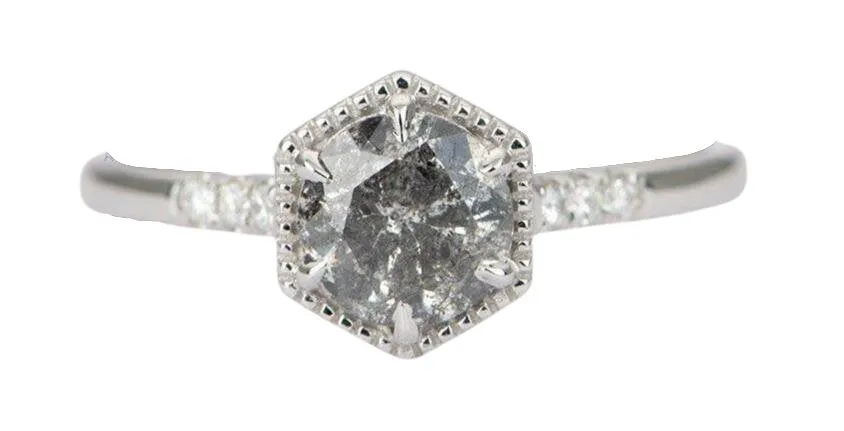 Ring Style - Hexagon Shape Setting for Regular Cut or Rose Cut Center Stone, Diamond Pave Shank AD1462C