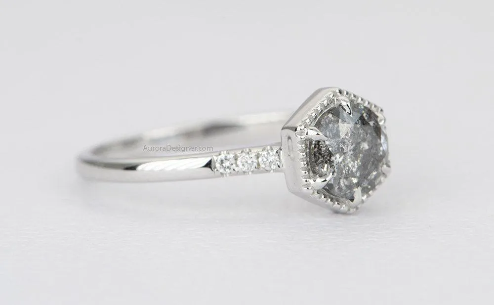 Ring Style - Hexagon Shape Setting for Regular Cut or Rose Cut Center Stone, Diamond Pave Shank AD1462C