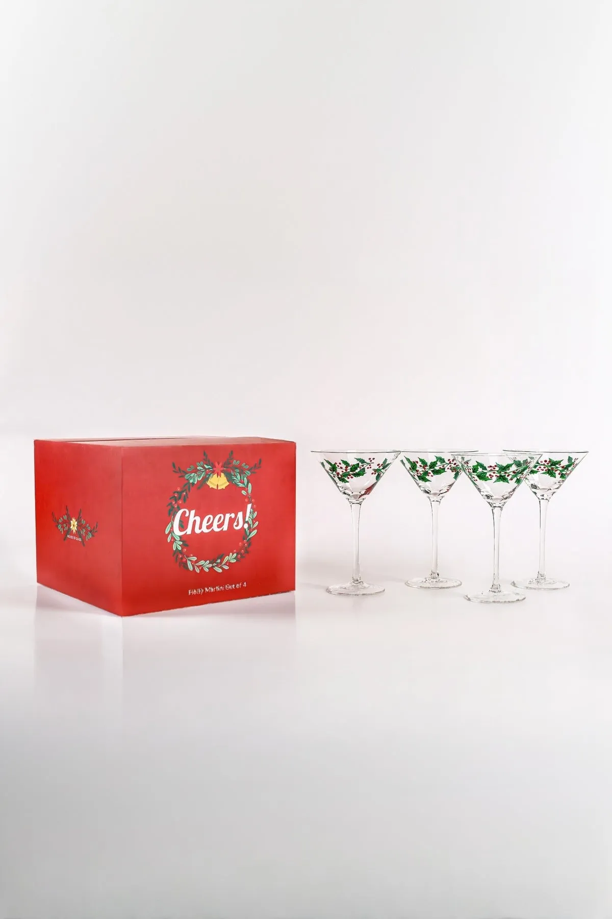 Set of 4 Christmas Holly Martini Glasses