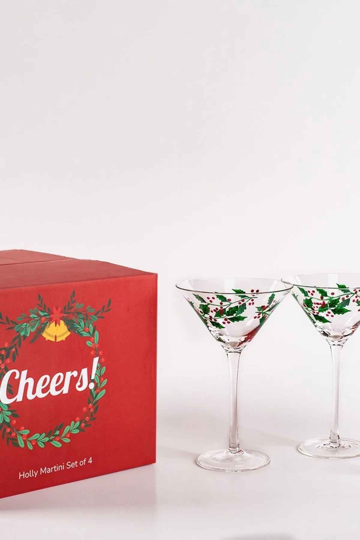 Set of 4 Christmas Holly Martini Glasses