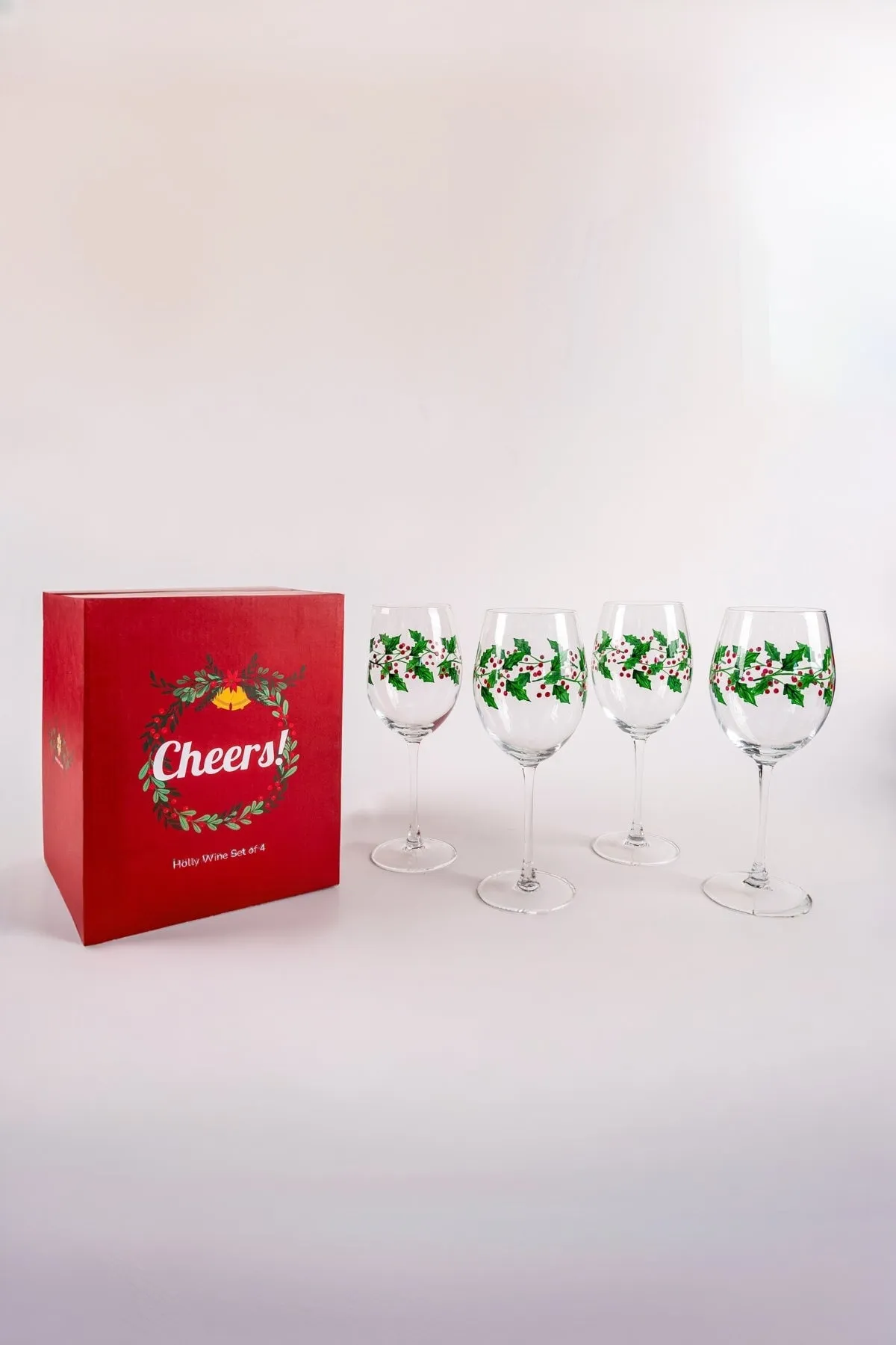 Set of 4 Christmas Holly Wine Glasses