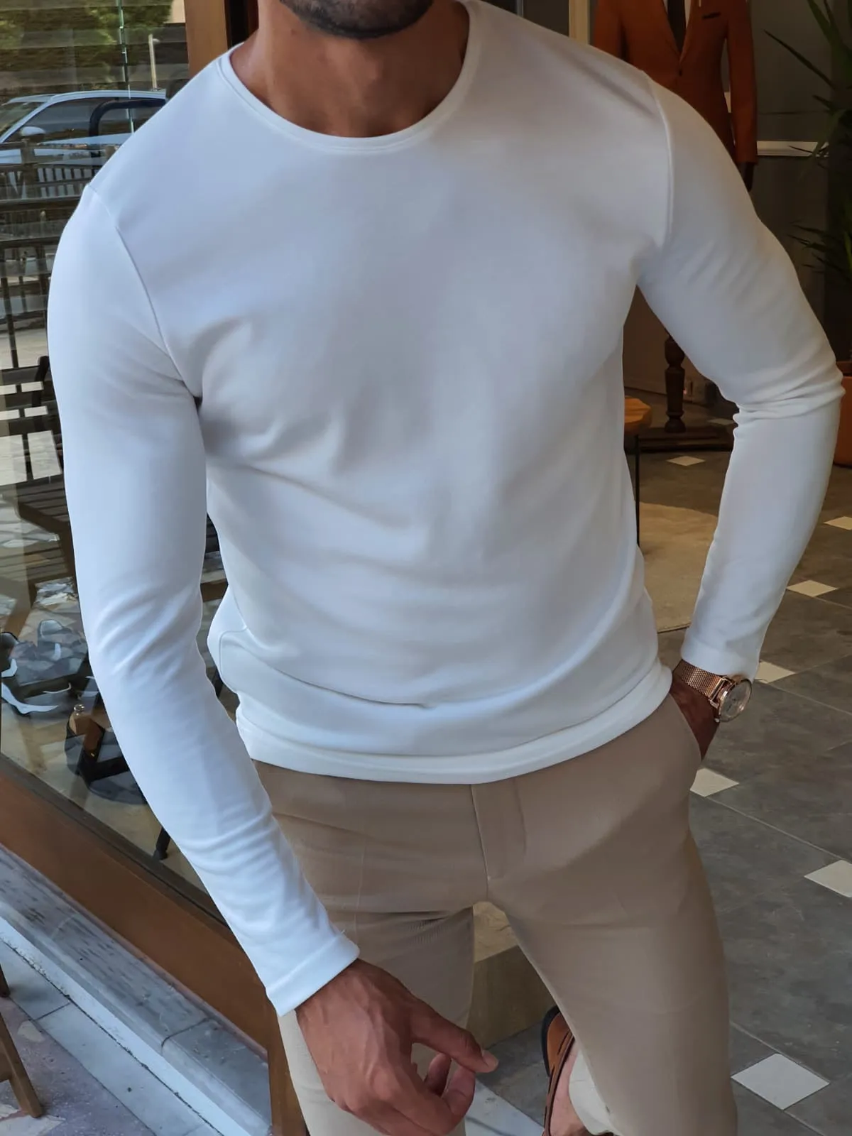 Stefano White Slim Fit Round Neck Sweater