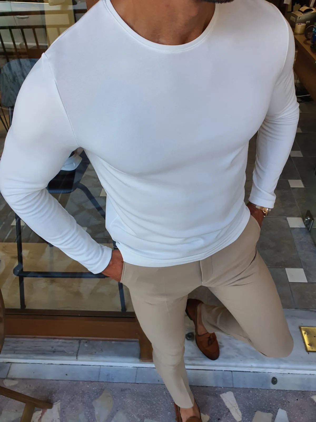 Stefano White Slim Fit Round Neck Sweater