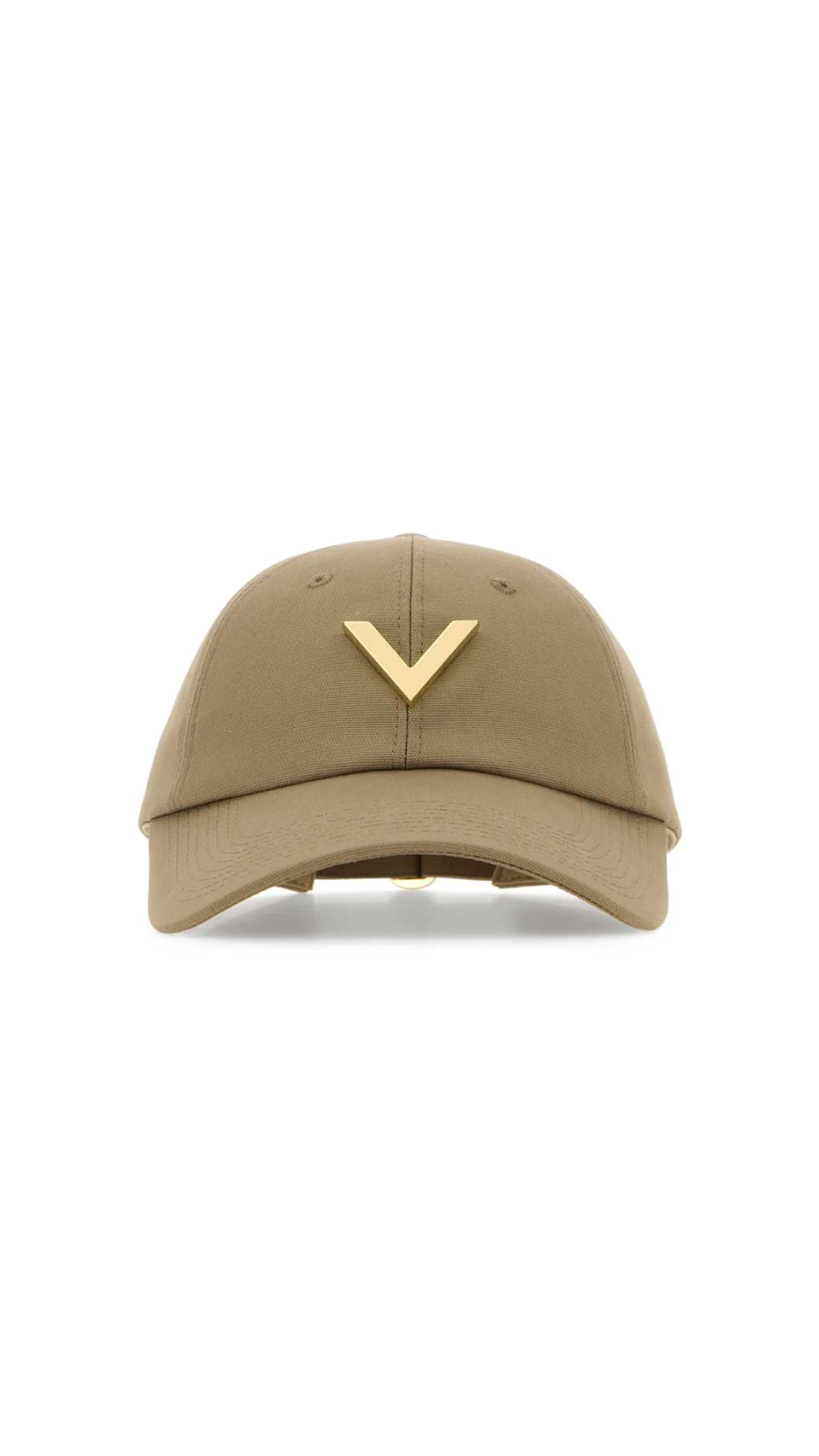 V Detail Cotton Baseball Cap with Metal V Appliqué - Beige