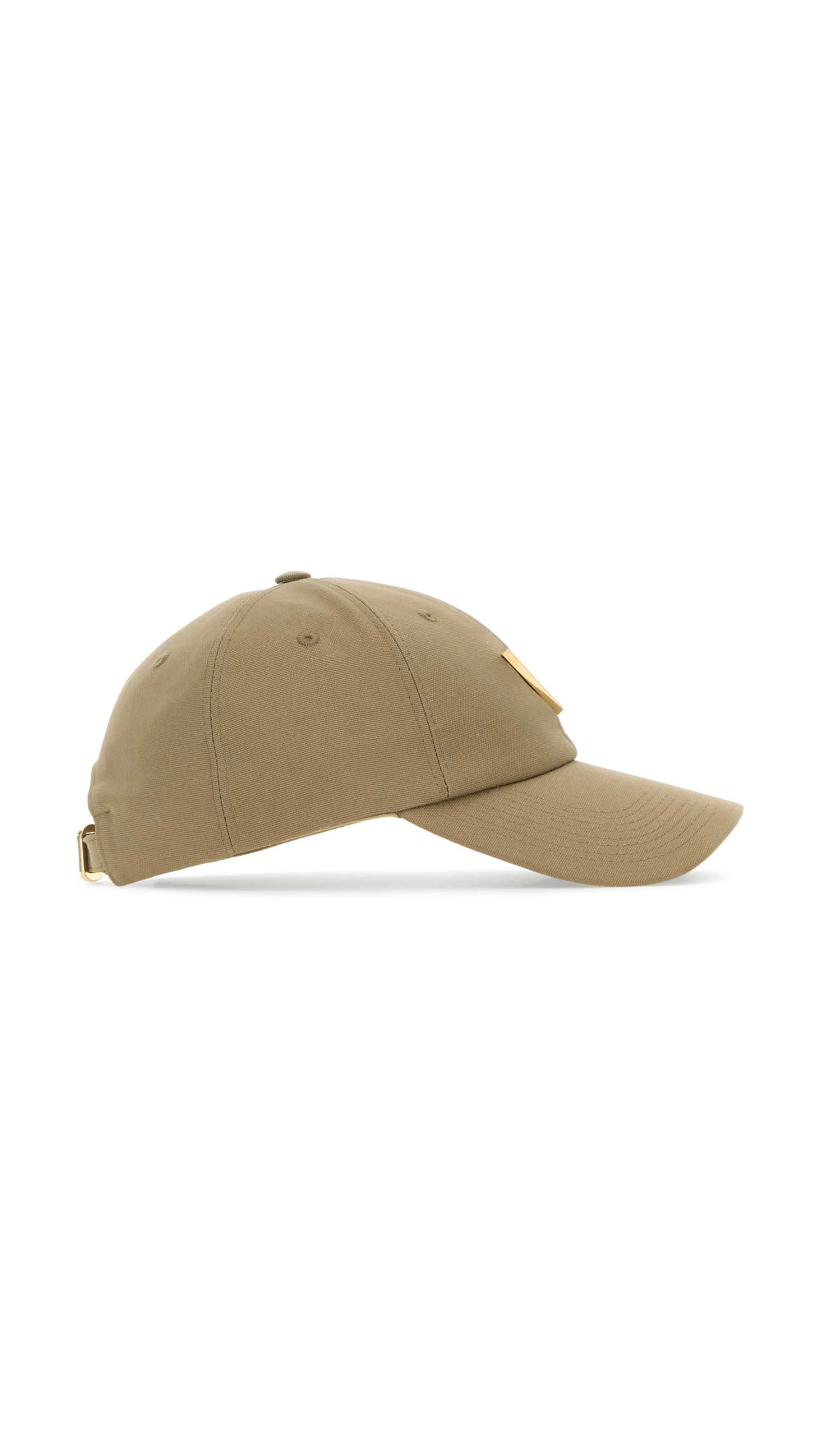 V Detail Cotton Baseball Cap with Metal V Appliqué - Beige