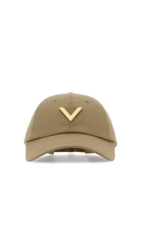 V Detail Cotton Baseball Cap with Metal V Appliqué - Beige