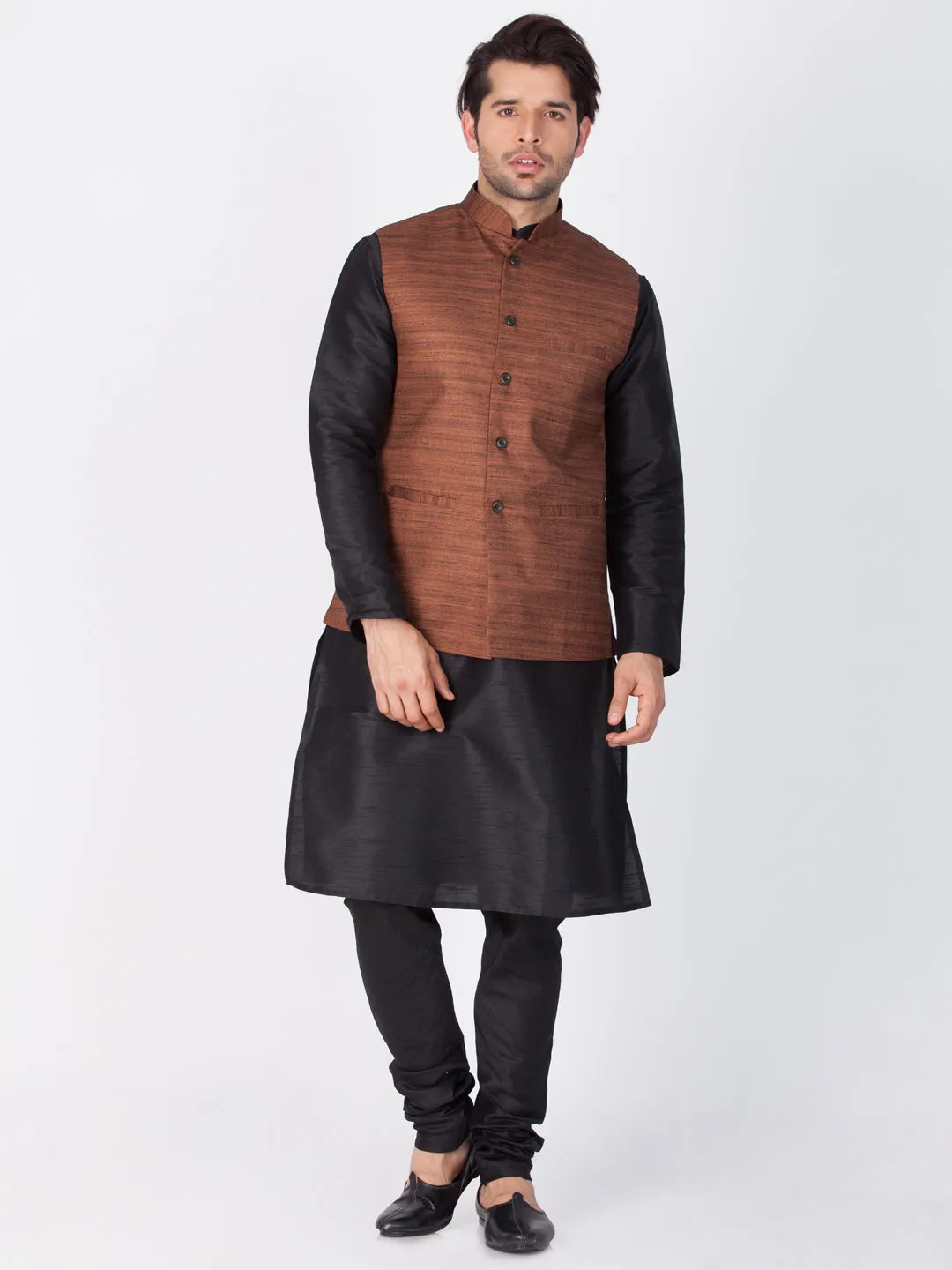 VASTRAMAY Men's Black Cotton Silk Blend Kurta, Ethnic Jacket and Pyjama Set