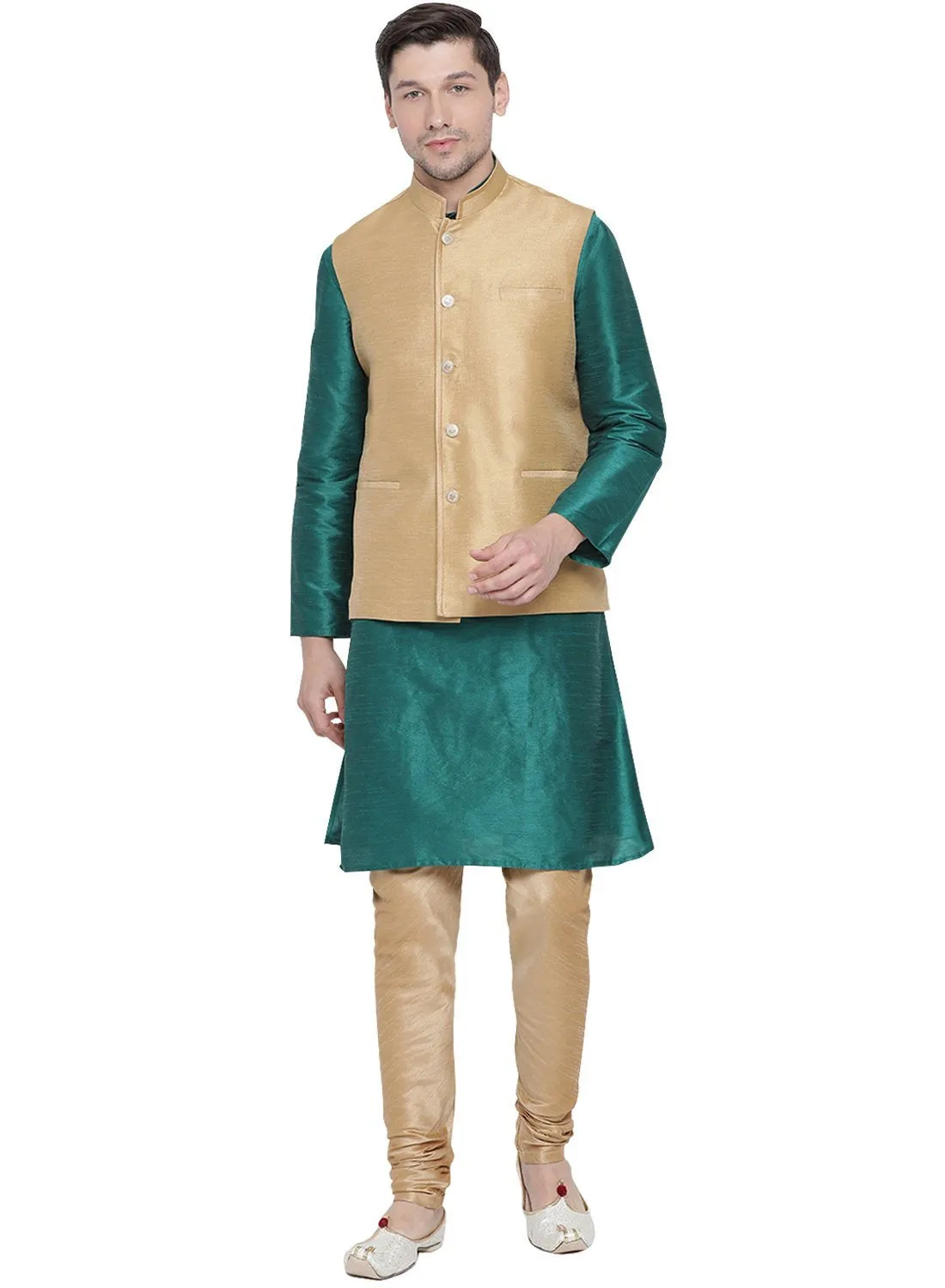 VASTRAMAY Men's Green Cotton Silk Blend Kurta, Ethnic Jacket and Pyjama Set