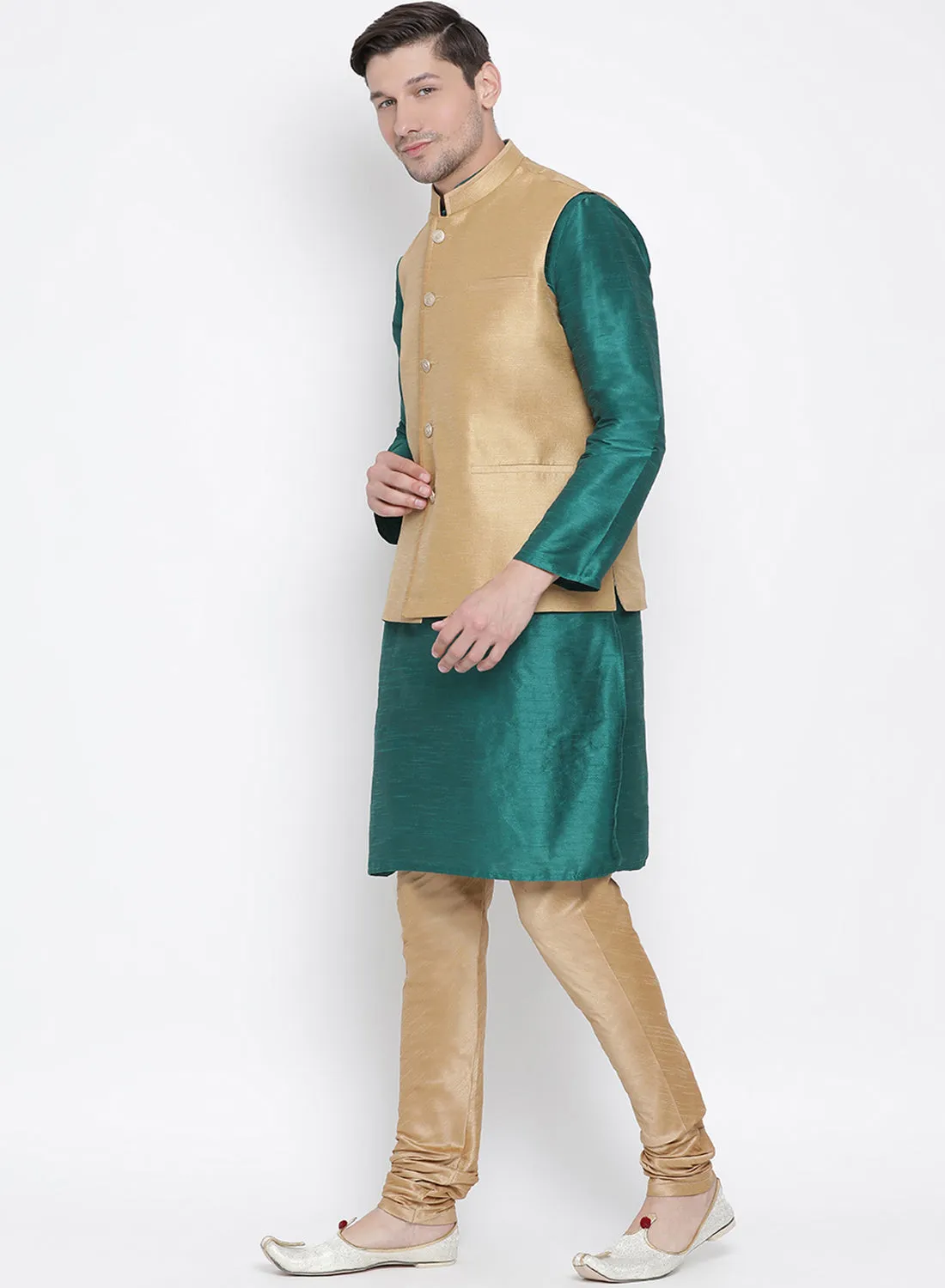 VASTRAMAY Men's Green Cotton Silk Blend Kurta, Ethnic Jacket and Pyjama Set