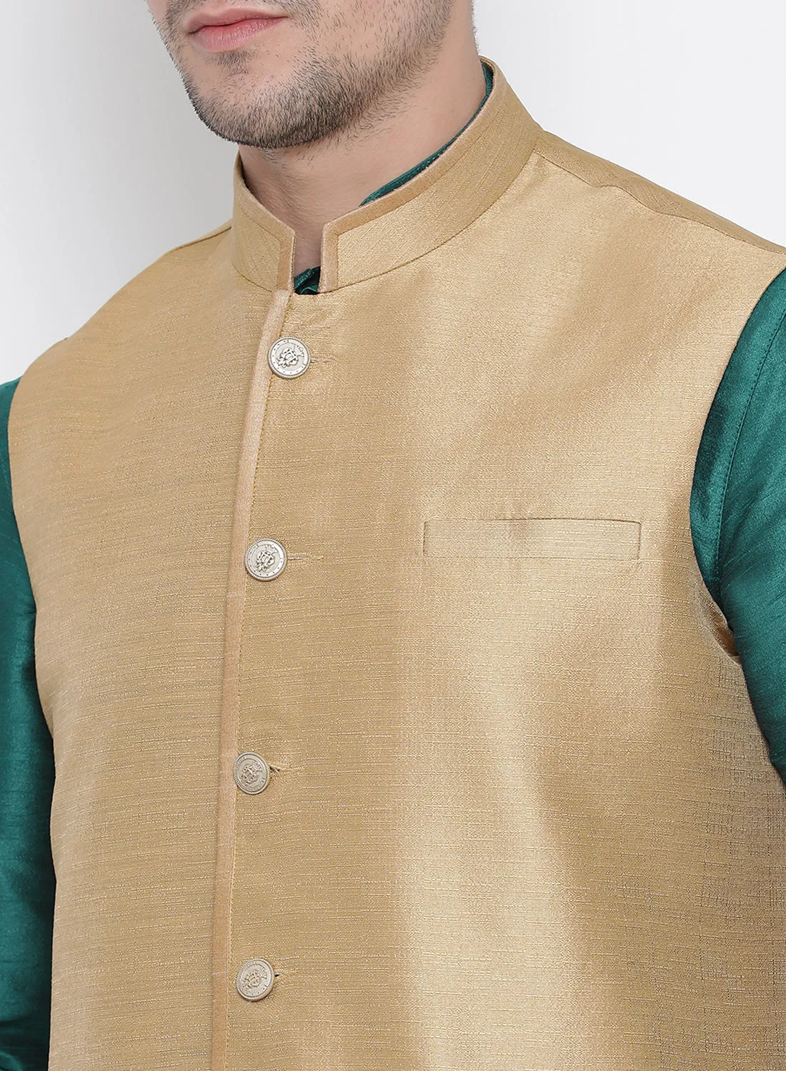 VASTRAMAY Men's Green Cotton Silk Blend Kurta, Ethnic Jacket and Pyjama Set