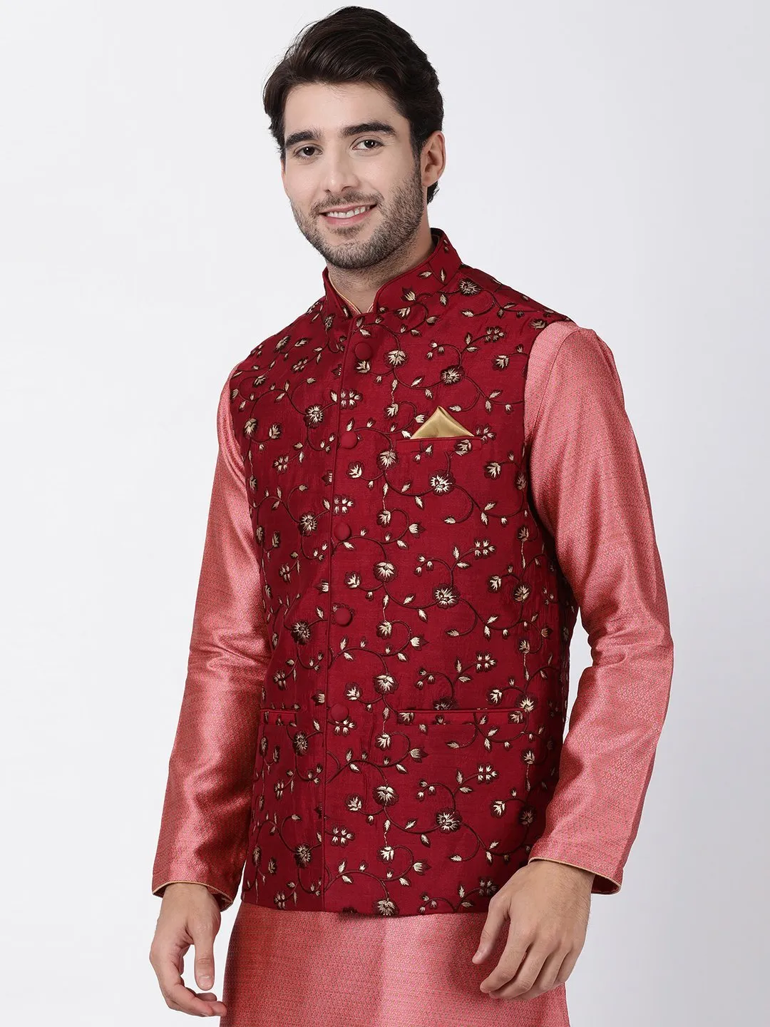 VASTRAMAY Men's Maroon Cotton Silk Blend Ethnic Jacket