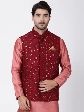 VASTRAMAY Men's Maroon Cotton Silk Blend Ethnic Jacket