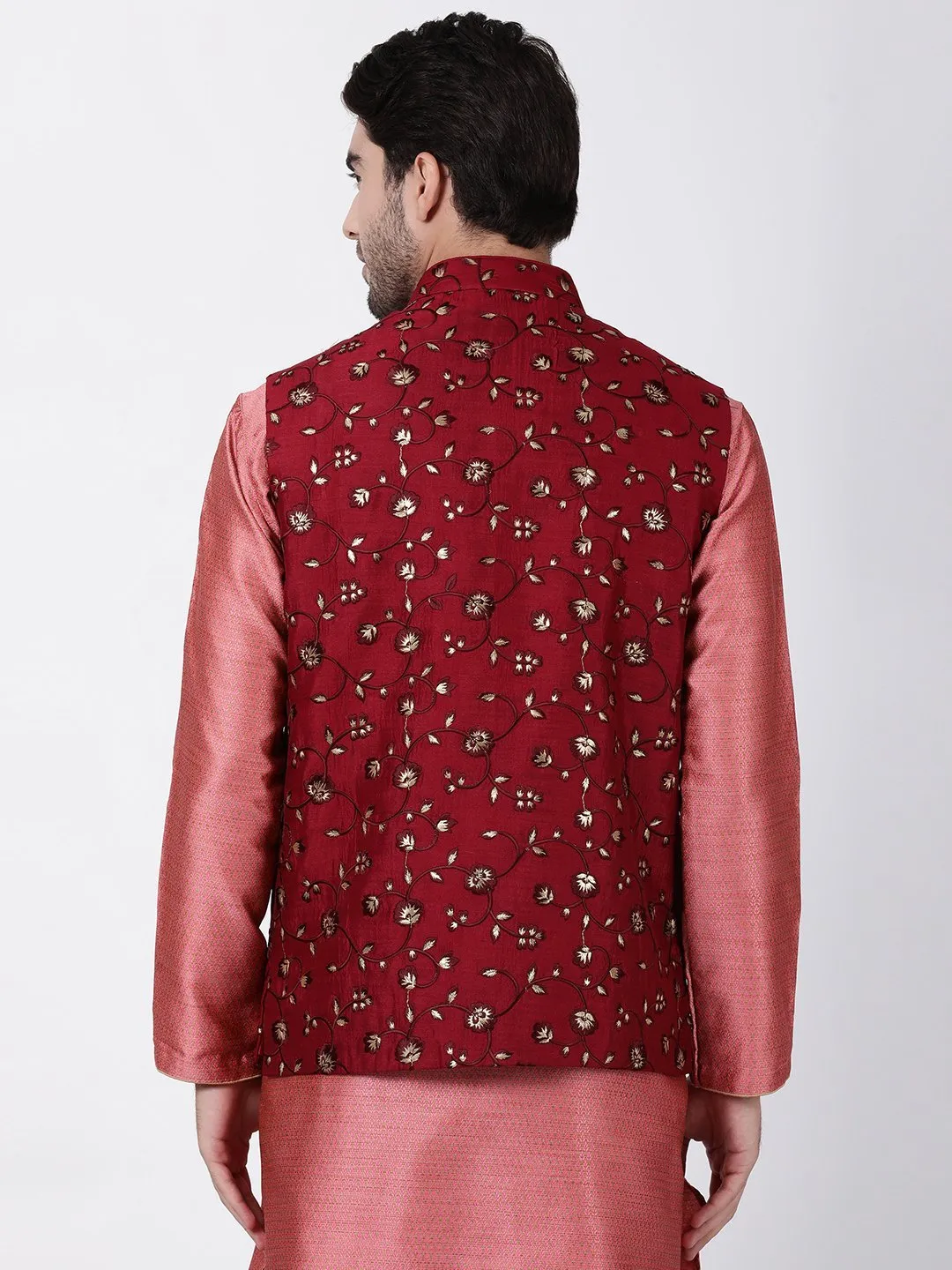 VASTRAMAY Men's Maroon Cotton Silk Blend Ethnic Jacket