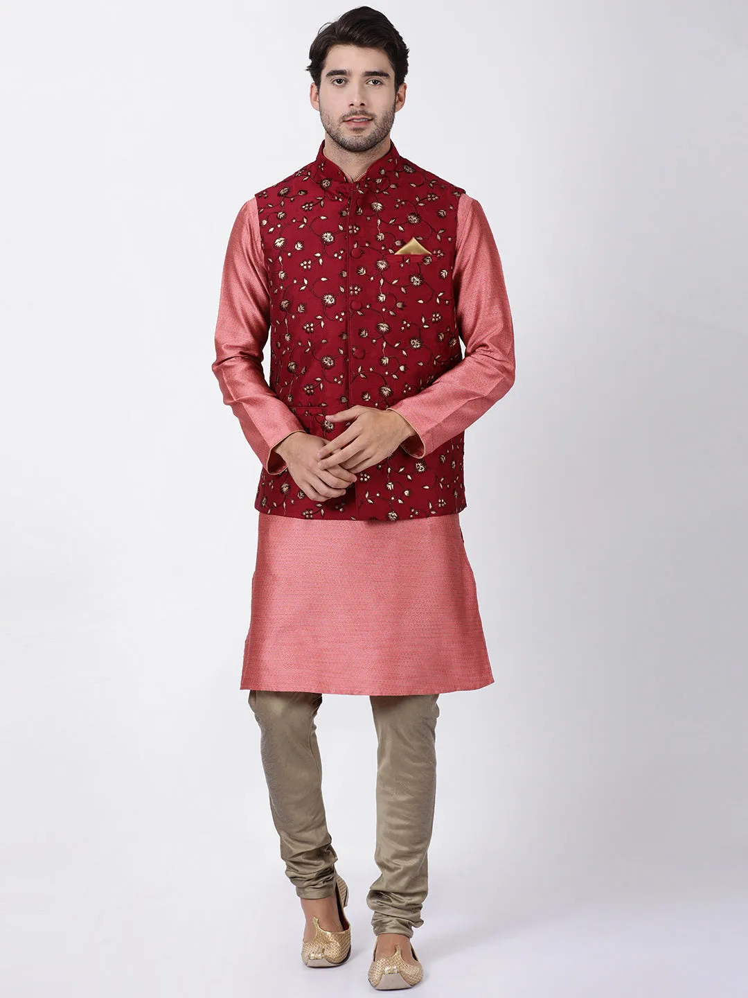 VASTRAMAY Men's Maroon Cotton Silk Blend Ethnic Jacket