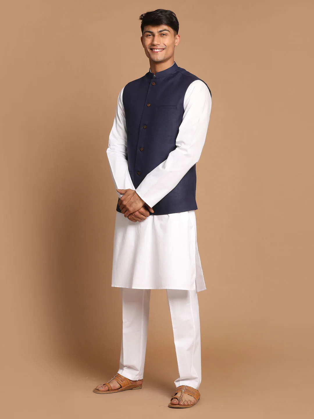 VASTRAMAY Men's Navy Blue Solid Nehru Jacket With White Solid Kurta And White Cotton Pant Style Pyjama Set