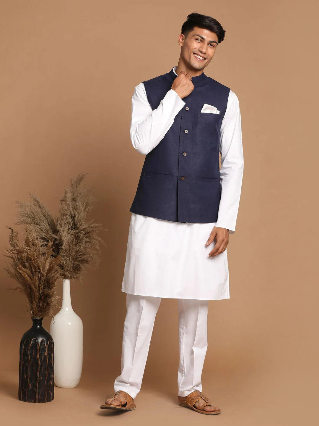 VASTRAMAY Men's Navy Blue Solid Nehru Jacket With White Solid Kurta And White Cotton Pant Style Pyjama Set