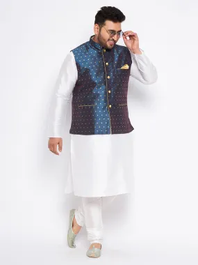 VASTRAMAY Men's Plus Size Blue Zari Weaved Nehru Jacket With Kurta Pyjama set