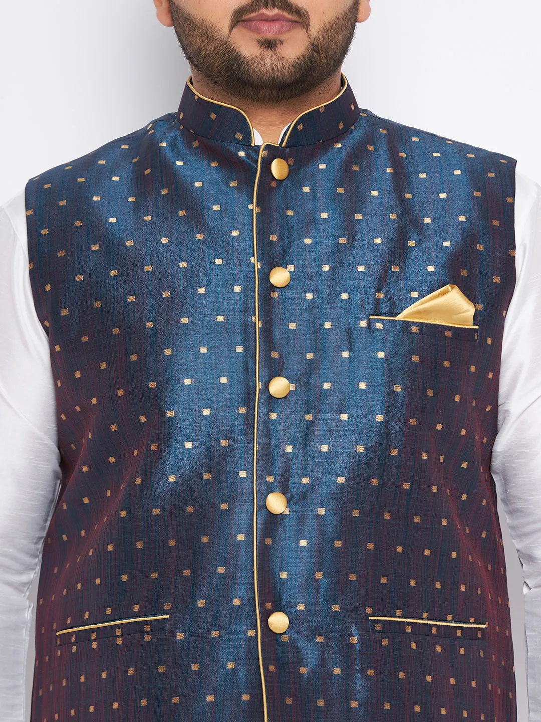 VASTRAMAY Men's Plus Size Blue Zari Weaved Nehru Jacket With Kurta Pyjama set