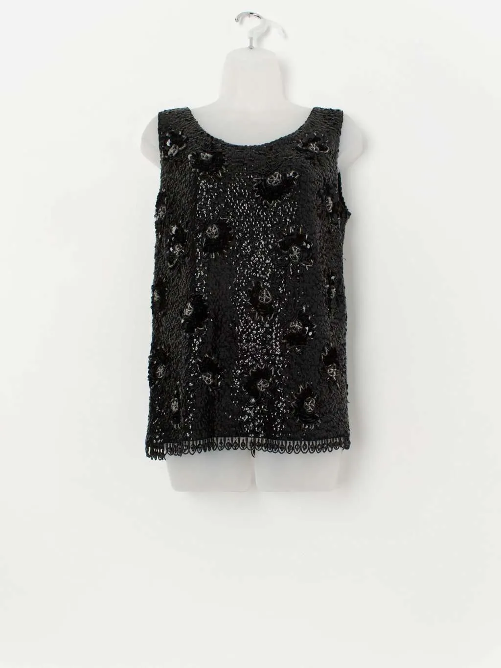 Vintage black beaded party top, sequin vest – Small