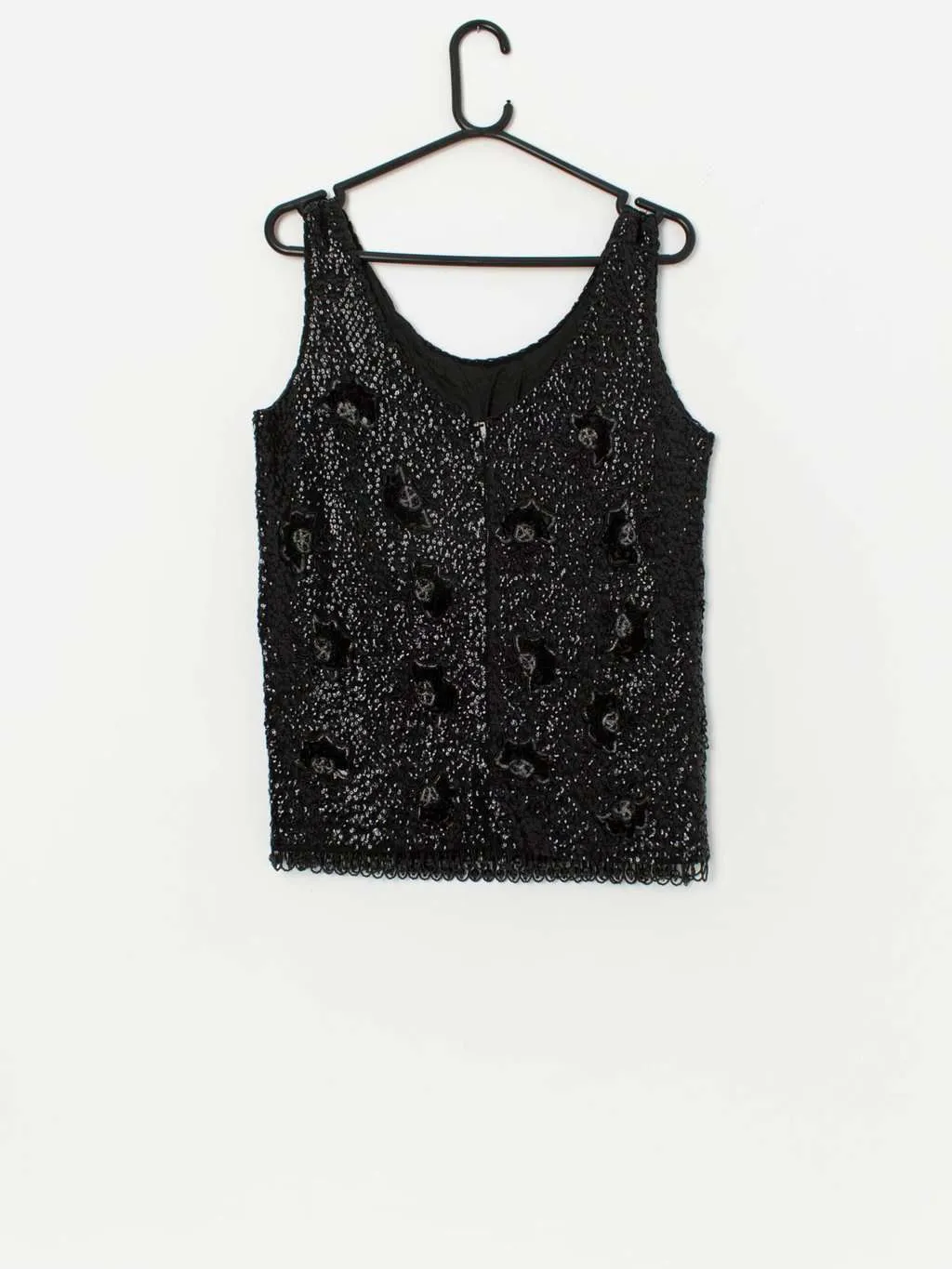 Vintage black beaded party top, sequin vest – Small