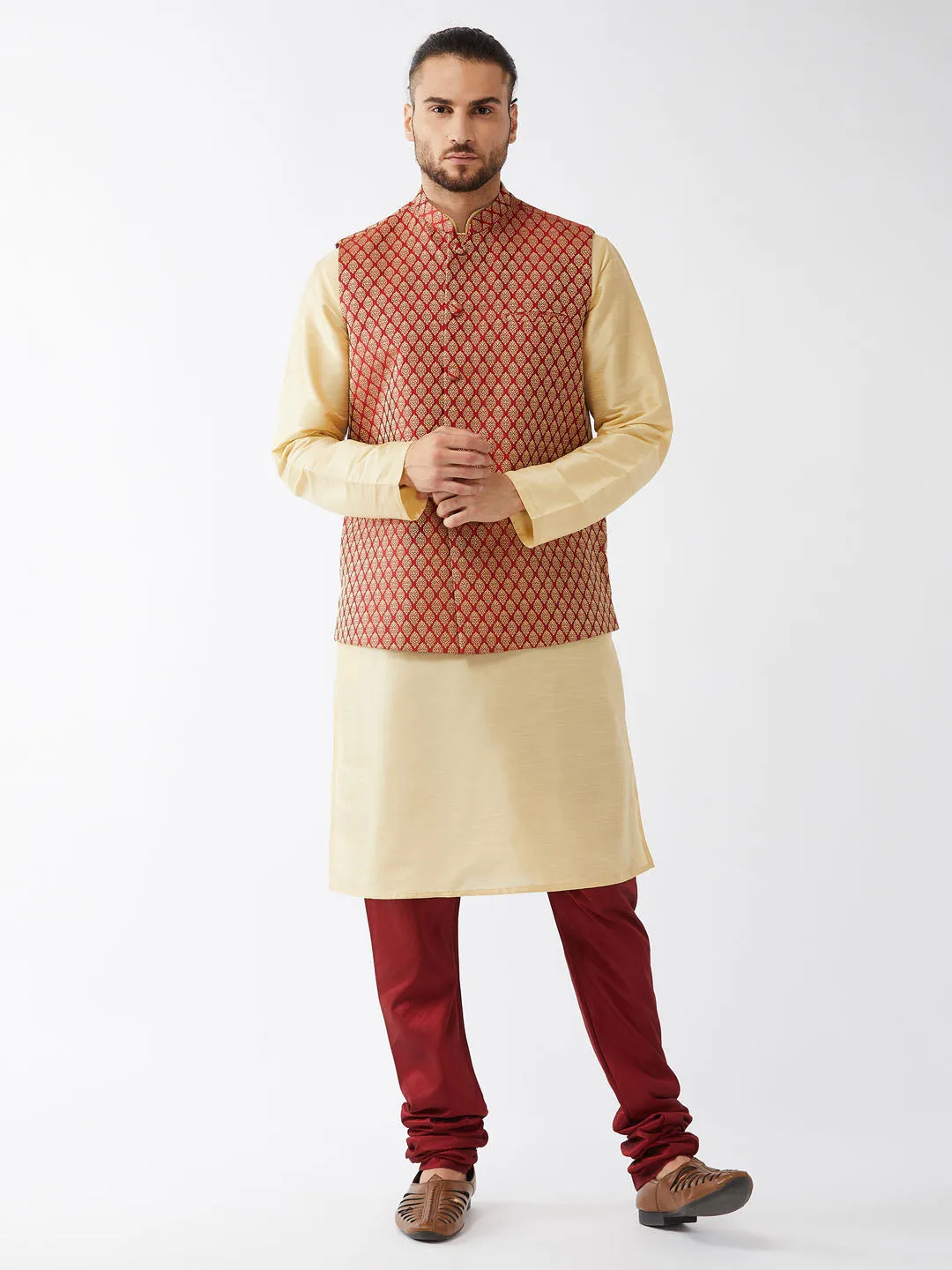 VM BY VASTRAMAY Men's  Maroon Silk Blend Ethnic Jacket, Gold Kurta and Maroon Pyjama Set