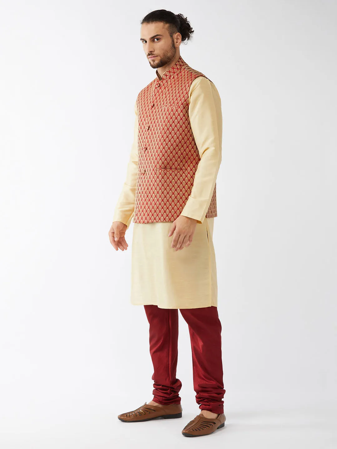 VM BY VASTRAMAY Men's  Maroon Silk Blend Ethnic Jacket, Gold Kurta and Maroon Pyjama Set