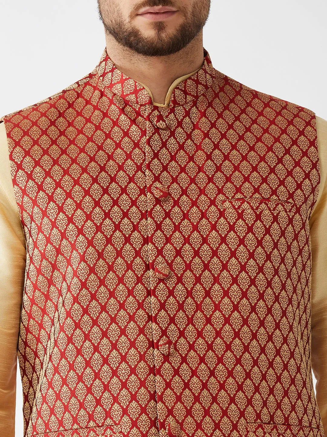 VM BY VASTRAMAY Men's  Maroon Silk Blend Ethnic Jacket, Gold Kurta and Maroon Pyjama Set