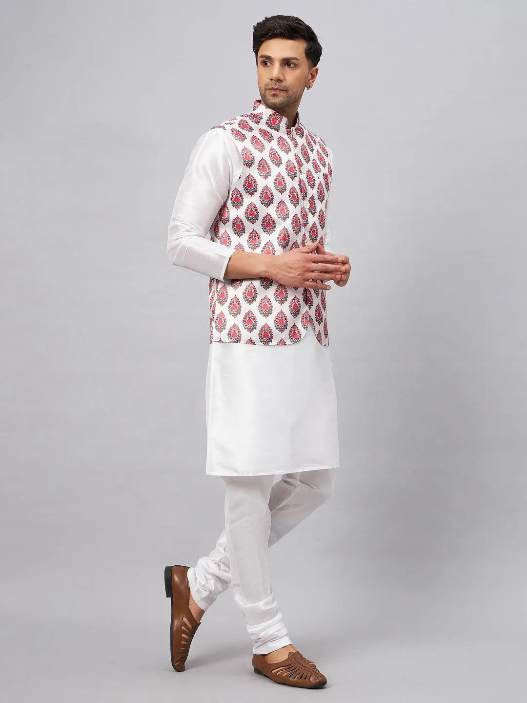 VM BY VASTRAMAY Men's Multicolor Printed Ethnic Jacket With White Cotton Blend Kurta and Pyjama Set