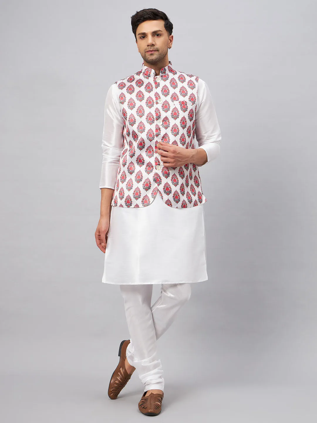 VM BY VASTRAMAY Men's Multicolor Printed Ethnic Jacket With White Cotton Blend Kurta and Pyjama Set