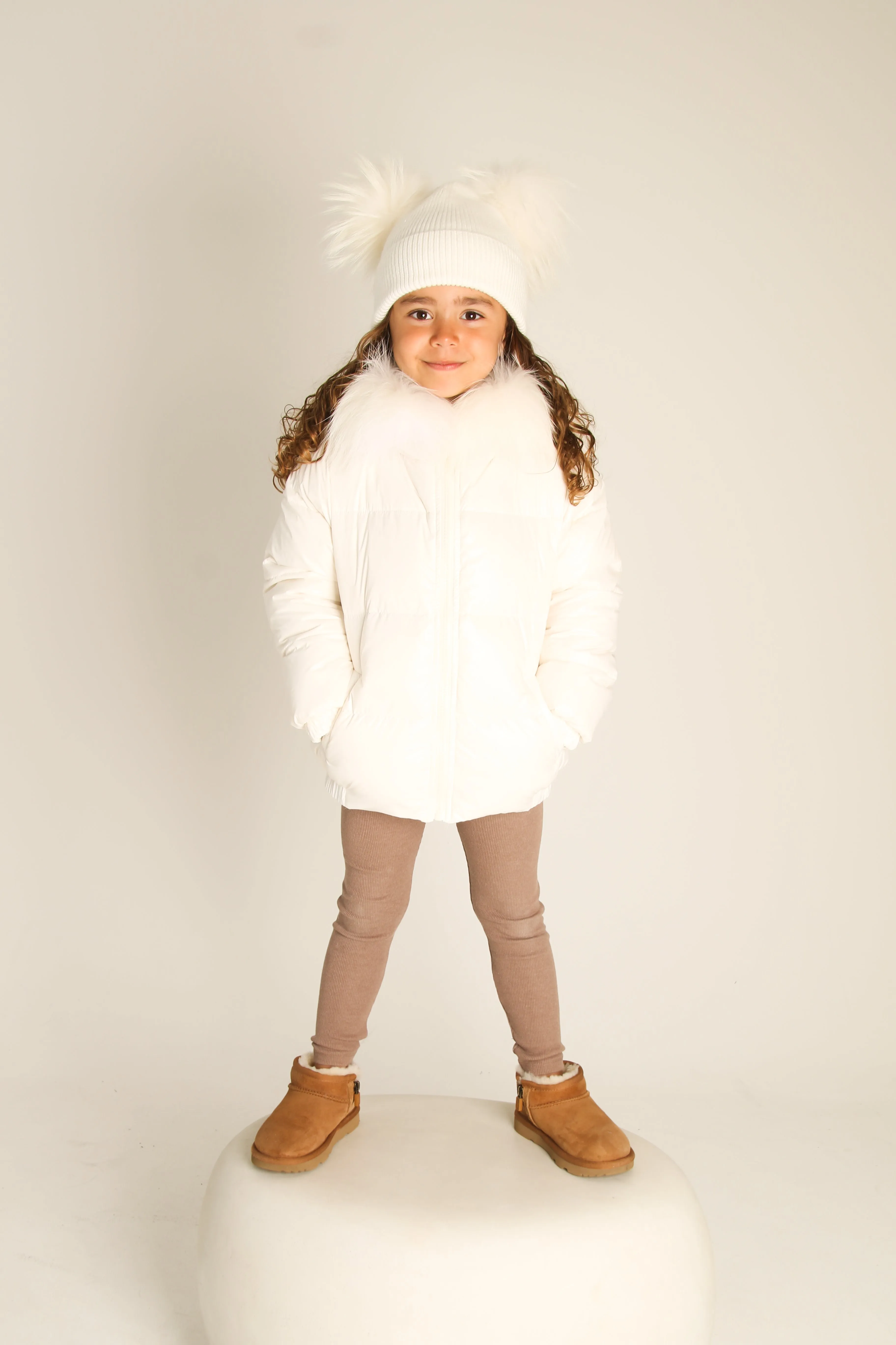 White Down Coat with Raccoon Fur Trim