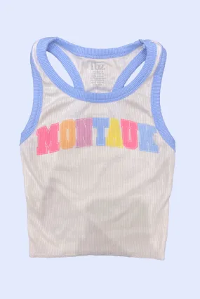 White Periwinkle Contrast Trim Montauk Graphic Tank