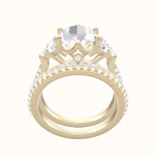 Wide Cathedral Diamond Band with Round Sidestone Trio Engagement Ring With Crown Six Prong w. accent Diamond Head and Matching B