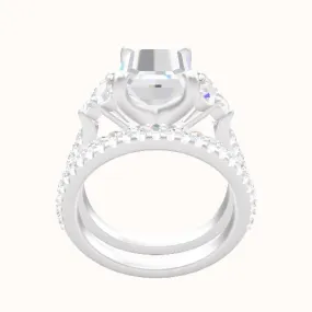 Wide Cathedral Diamond Band with Round Sidestone Trio Engagement Ring With Four Prong Head and Matching Band