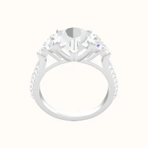 Wide Cathedral Diamond Band with Round Sidestone Trio Engagement Ring With Low Set Four Prong Head