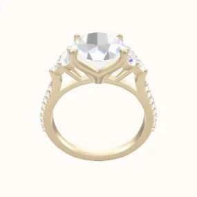 Wide Cathedral Diamond Band with Round Sidestone Trio Engagement Ring With Petal Four Prong Head